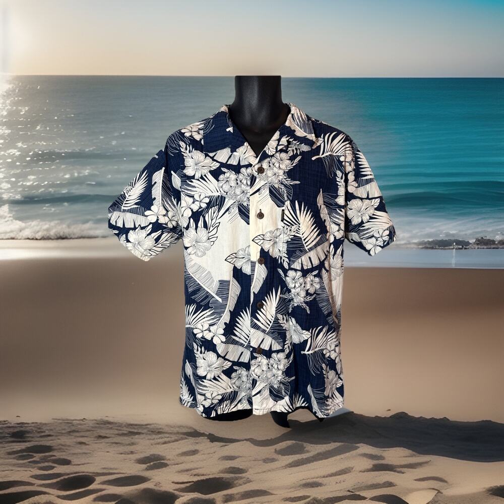 Palmwave Men Sz‎ L Shirt Button Up Short Sleeve Aloha Hawaiian Hibiscus Blue